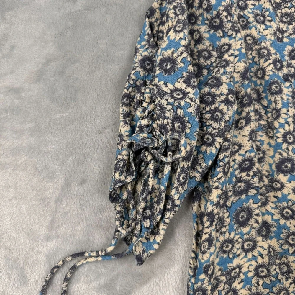 Free People Dress Women M Blue Floral Flower Power Mini Fit & Flare Boho Lace Up - Picture 10 of 11